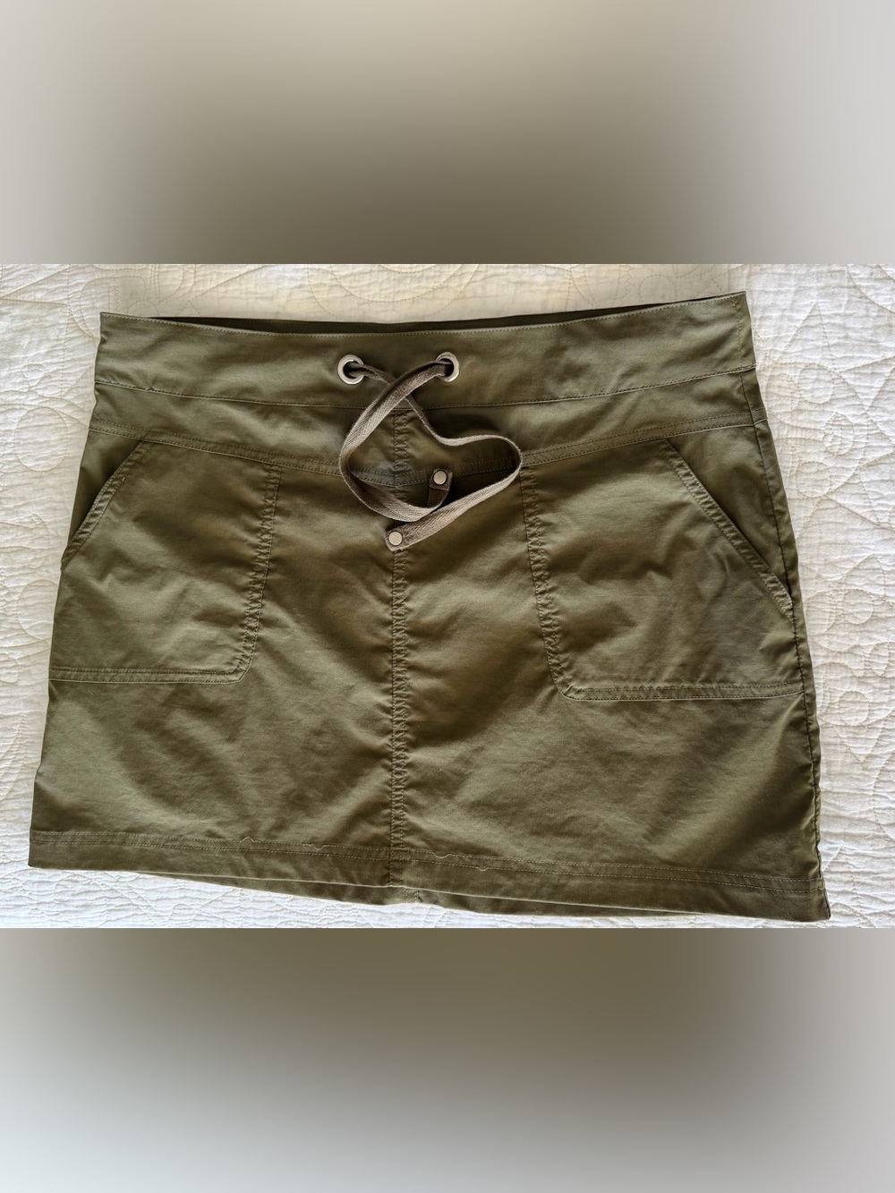 PRANA Bliss Drawstring Utility Skirt in Olive Green / Brown with Pockets - Sz L